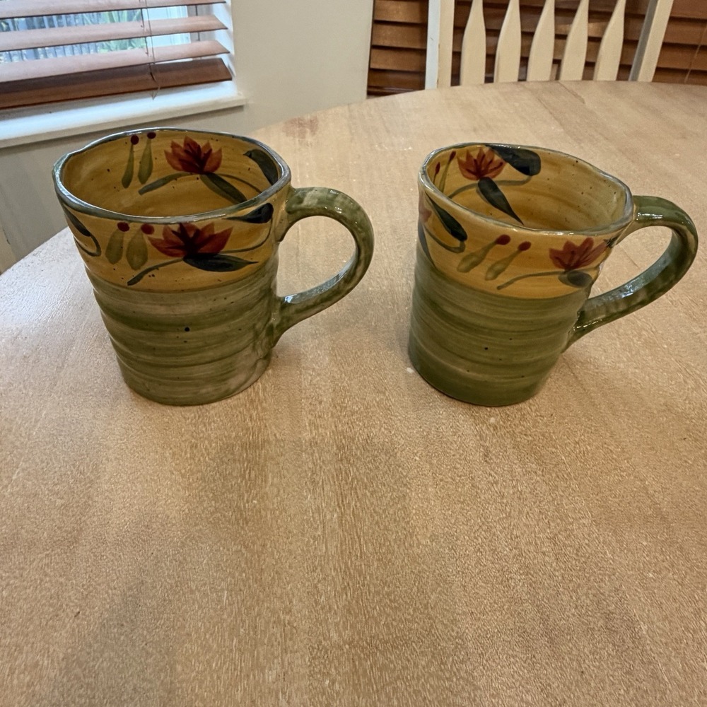 Pier 1 Elizabeth Hand Painted Stoneware Floral Green Blue Red Mugs Set Of 2 Pair